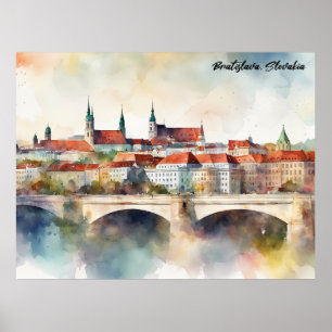 Póster Pintura en acuarela de Bratislava Eslovaquia Panor