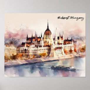 Póster Pintura en acuarela de Budapest Hungría Vista pano
