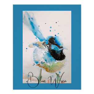 Póster Pintura en Acuarela de Carricero Azul Aves Austral