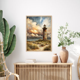 Póster Pintura en Acuarela de Faro en la Costa
