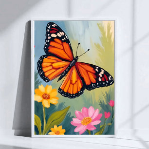 Póster Pintura en Acuarela de Flor de Mariposa Monarca