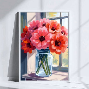 Póster Pintura en Acuarela de Flores de Ramo Rojo en Jarr