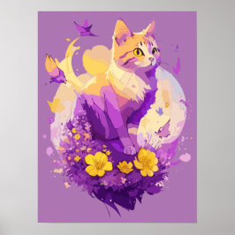Póster Pintura en acuarela de gato adorable con flora
