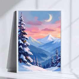 Póster Pintura en acuarela de invierno con luna de montañ