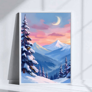 Póster Pintura en acuarela de invierno con luna de montañ