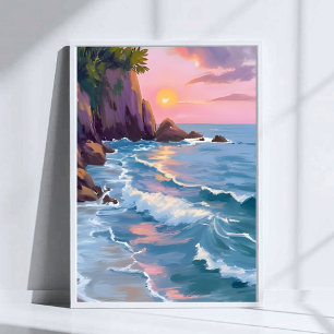 Póster Pintura en Acuarela de la Puesta de Sol de Algodón