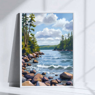 Póster Pintura en Acuarela de la Tranquila Orilla del Lag