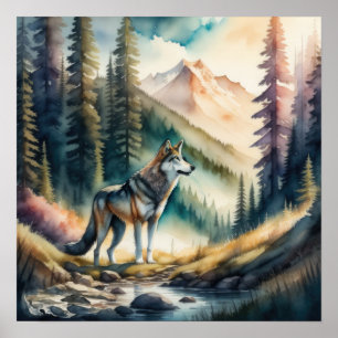 Póster Pintura en Acuarela de Lobo en Bosque 1:1