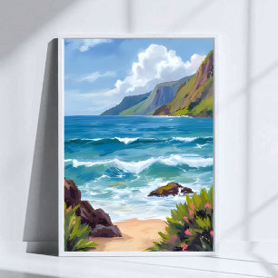 Póster Pintura en Acuarela de Olas Azules en la Orilla de