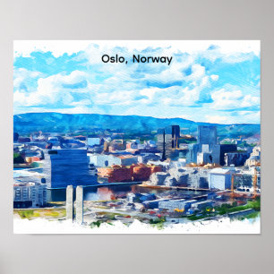 Póster Pintura en acuarela de Oslo Noruega Vista panorámi