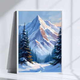 Póster Pintura en Acuarela de Paisaje Montañoso Invernal