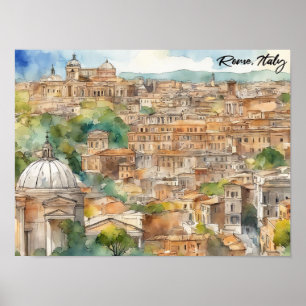 Póster Pintura en acuarela de Roma Italia Vista panorámic