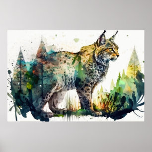 Póster Pintura en Acuarela de un Bosque de Lince AI Natur