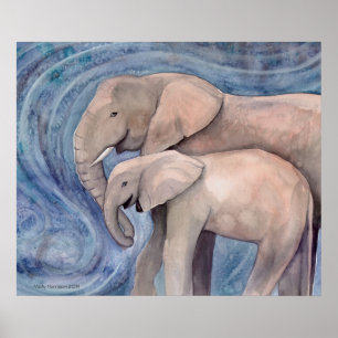 Póster Pintura en acuarela de vida silvestre de dos elefa