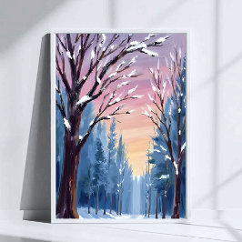Póster Pintura en acuarela del bosque invernal con nevada