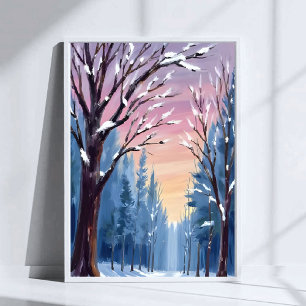 Póster Pintura en acuarela del bosque invernal con nevada