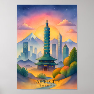 Póster Pintura en Acuarela del Paisaje Urbano de la Ciuda