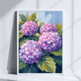 Póster Pintura en Acuarela Floral de Hortensias Moradas