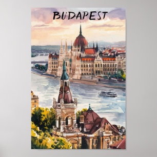 Póster Pintura en acuarela vintage de Budapest Hungría
