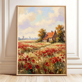 Póster Pintura en lienzo de paisaje holandés de otoño