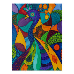 Póster Pintura en mosaico de pavo real abstracto vibrante