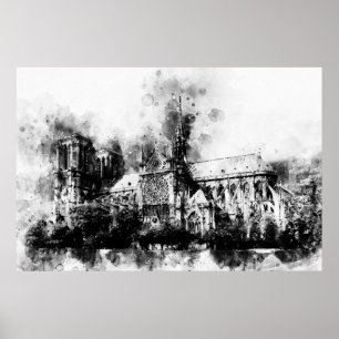 Póster Pintura en negro y blanco de la Catedral de Notre 
