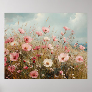 Póster Pintura Escénica de Flores Silvestres Rosa Sonrojo
