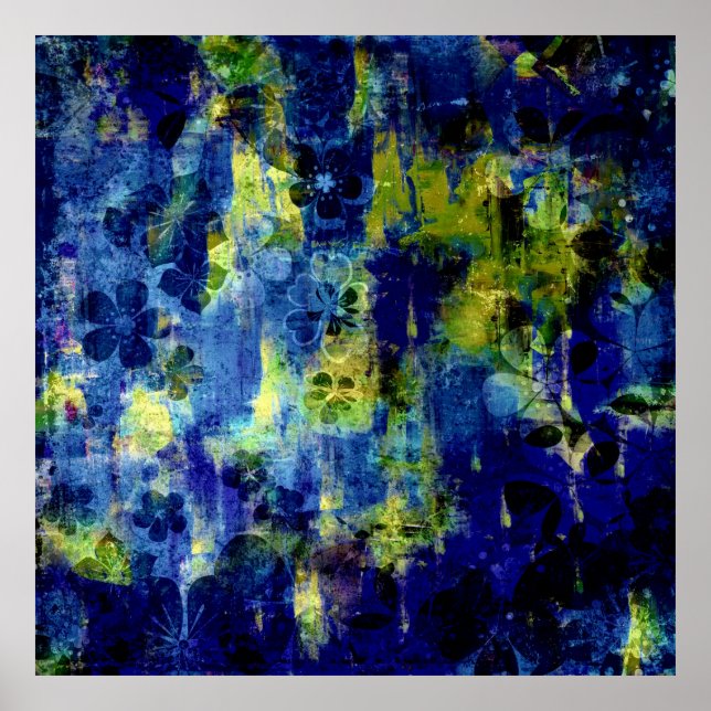 Póster Pintura floral abstracta azul y amarilla (Frente)