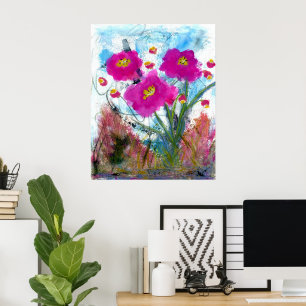 Póster Pintura floral botánica de flores rosadas abstract
