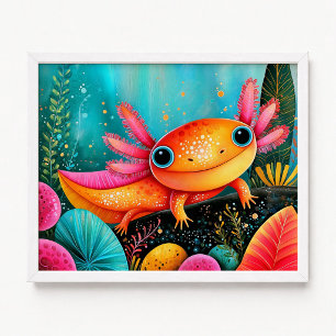 Póster Pintura floral de ajolote naranja rosa