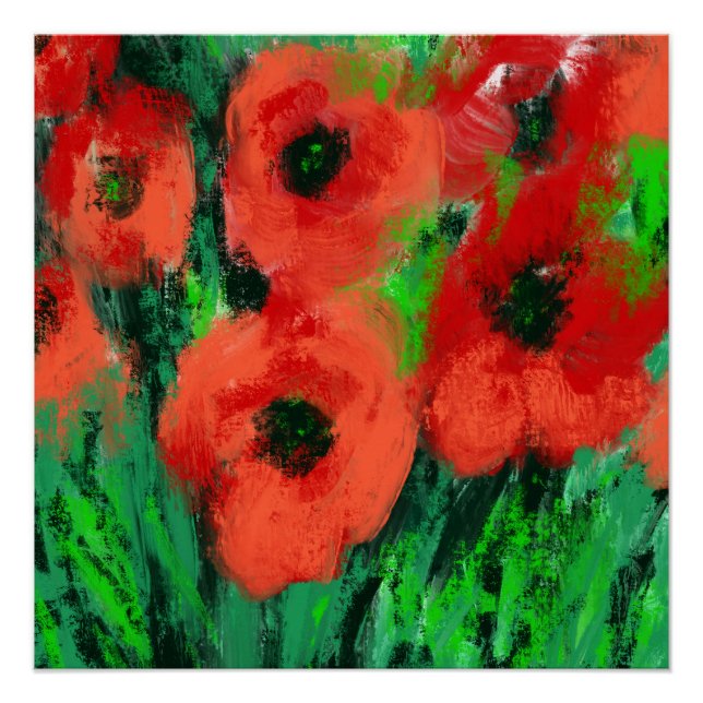Póster Pintura floral de amapolas rojas abstractas (Anverso)