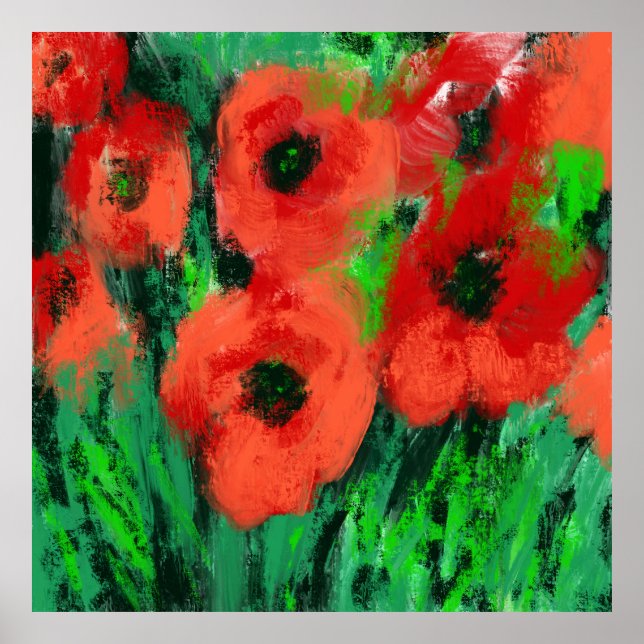 Póster Pintura floral de amapolas rojas abstractas (Frente)