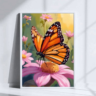 Póster Pintura floral de flor rosa de mariposa monarca