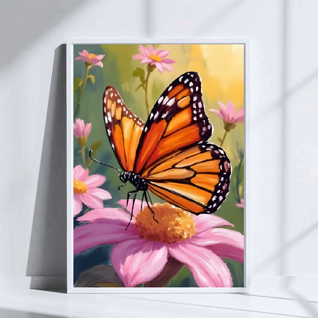 Póster Pintura floral de flor rosa de mariposa monarca (Subido por el creador)