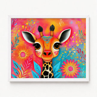 Póster Pintura floral de jirafa naranja rosa