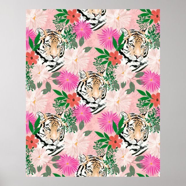Póster Pintura floral de tigre rosa blanco bonito (Frente)