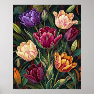 Póster Pintura floral de tulipanes coloridos