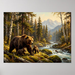 Póster Pintura forestal de la familia de osos del bosque