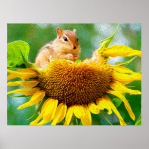 Póster Pintura fotográfica de Chipmunk Yellow Sunflower