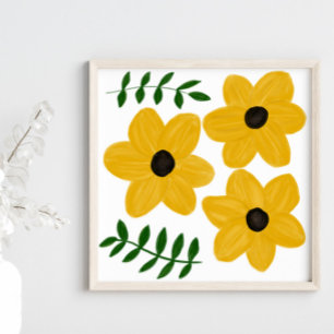Póster Pintura Gráfica de Flores Modernas Amarillas en Ne