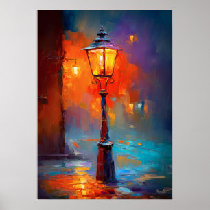 Póster Pintura impresionista de farola callejera en ciuda