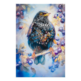 Póster Pintura Impresionista de Mirlo en Jardín