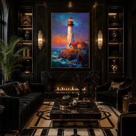 Póster Pintura impresionista de paisaje costero con faro