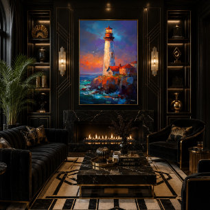 Póster Pintura impresionista de paisaje costero con faro