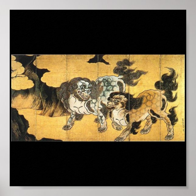 Póster Pintura japonesa de leones chinos c. Años 1500 (Frente)