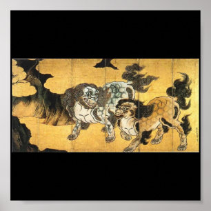 Póster Pintura japonesa de los leones chinos C. 1500's