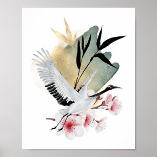 Póster Pintura japonesa de pájaros de la grúa