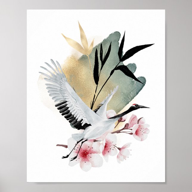 Póster Pintura japonesa de pájaros de la grúa (Frente)