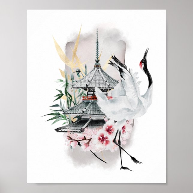 Póster Pintura japonesa de pájaros de la grúa (Frente)