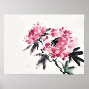 Póster Pintura minimalista japonesa de peonía